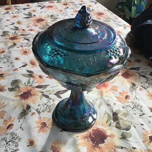 Indiana Harvest Grape Carnival Glass Blue Compote Candy Dish With Lid - 10"